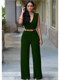 Women's Sexy Deep V Neck Sleeveless Solid Color Jumpsuit Fashion Slim Wrap Hip Elegant Female  Party Office Jumpsuit (with Belt)
