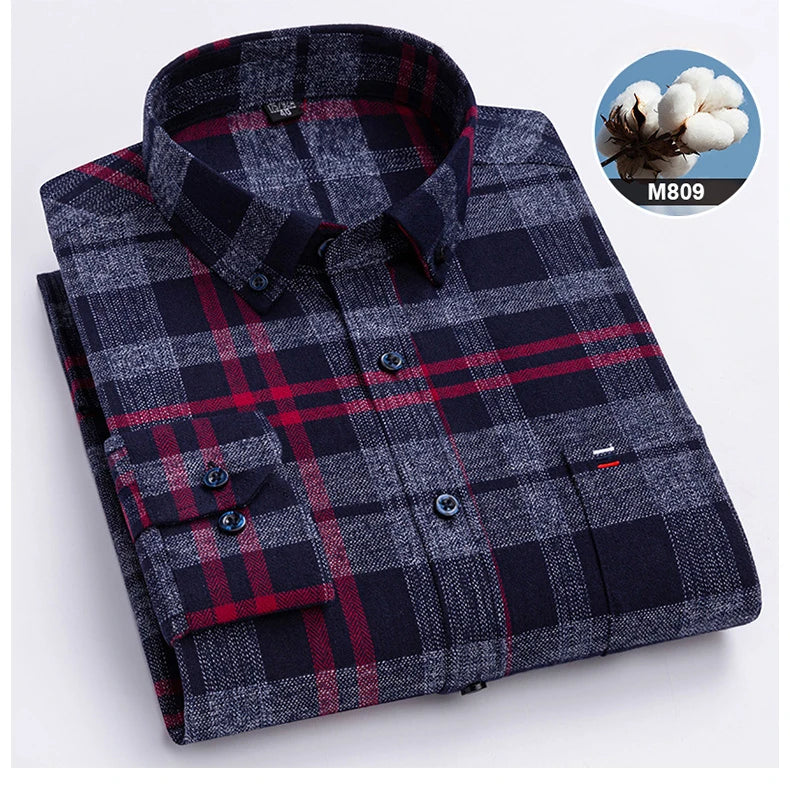 New in shirtplus size 7XL 100%cotton sanding long-sleeve shirts for men slim fit plain shirt striped plaid single pocket clothes