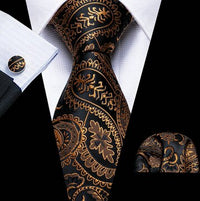 Retro Orange Floral Men Tie Set Silk Jacquard Necktie Wedding Business Handkerchief Cufflinks Tie Barry.Wang Designer FA-5346