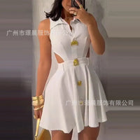 Women's Fashionable Mini Dress 2025 Summer Sleeveless Hollowed-out Lapel Shirt Dress with Button Temperament Elegant Short Skirt