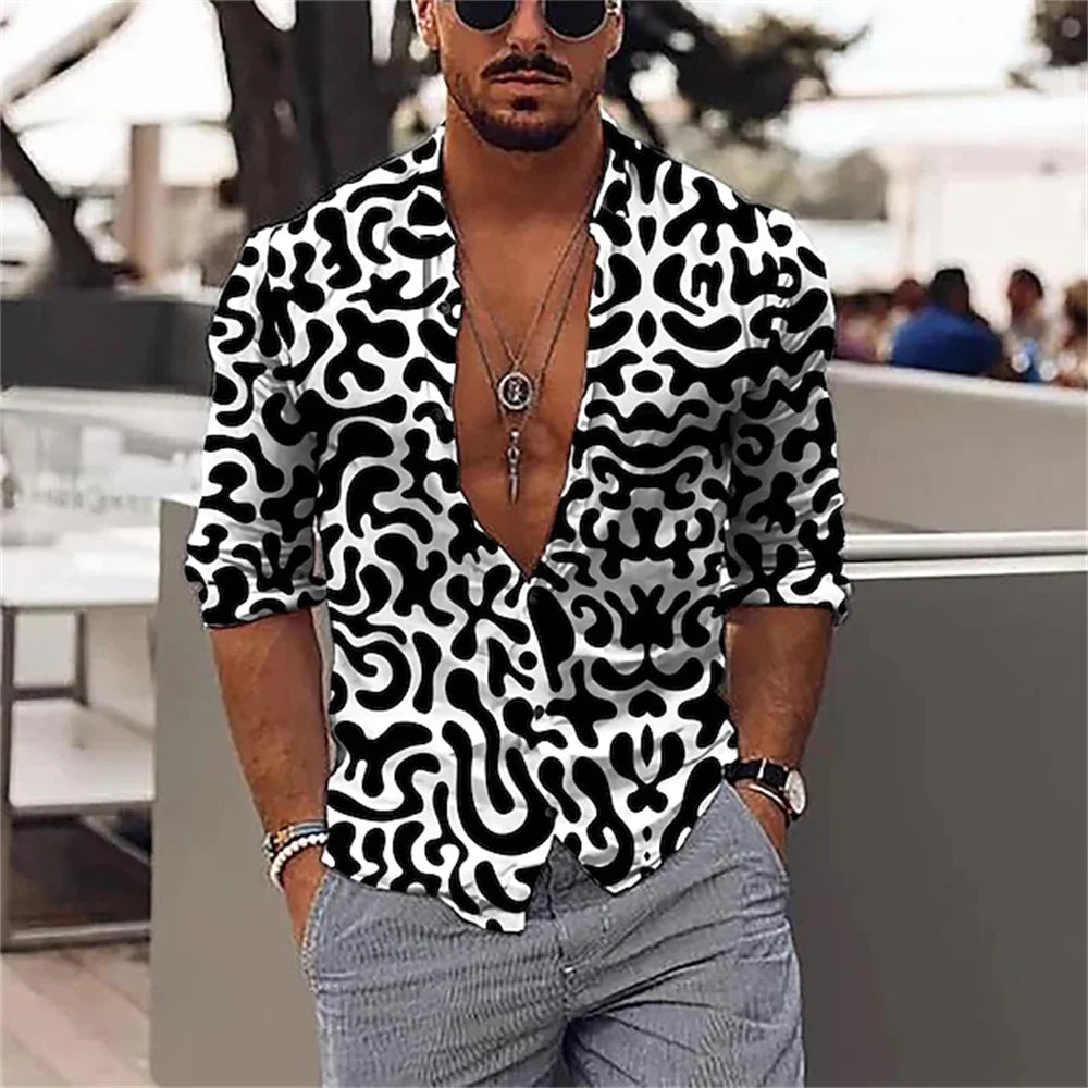 2023 men's party top luxury social men's lapel button shirt 3D printing long-sleeved shirt casual street designer clothing