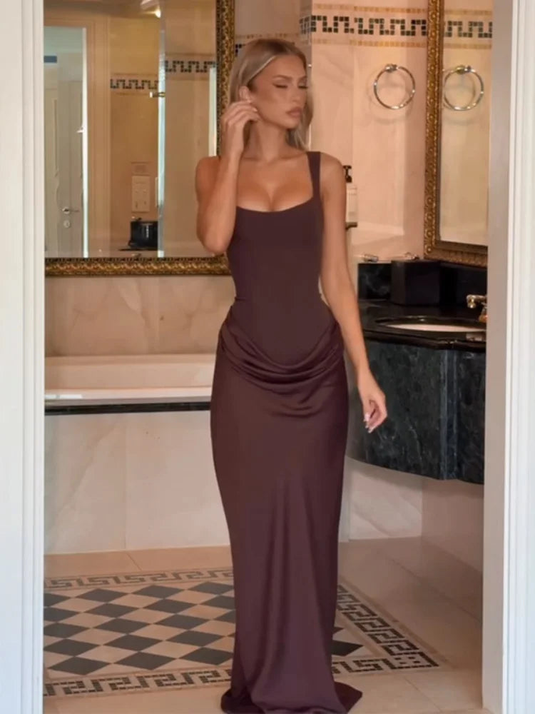 Elegant Yellow Strapless Pleated Long Dress Women Chic Solid Sleeveless Waist Cinching Split Gown 2026 Lady Evening Party Robe