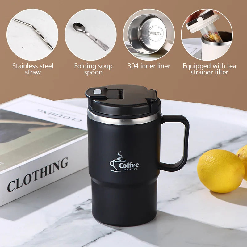 550ml Insulated Coffee Mug 304 Stainless Steel Tea Coffee Cup with Lid Spoon Tea Strainer Portable Bottle Cup For Office Travel