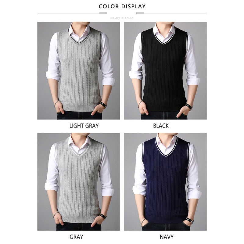 BROWON Men Clothes 2023 Autumn Winter New Classic Slim Sweaters V-neck Sleeveless Sweater Mens Knitwear Sweater Vest for Men