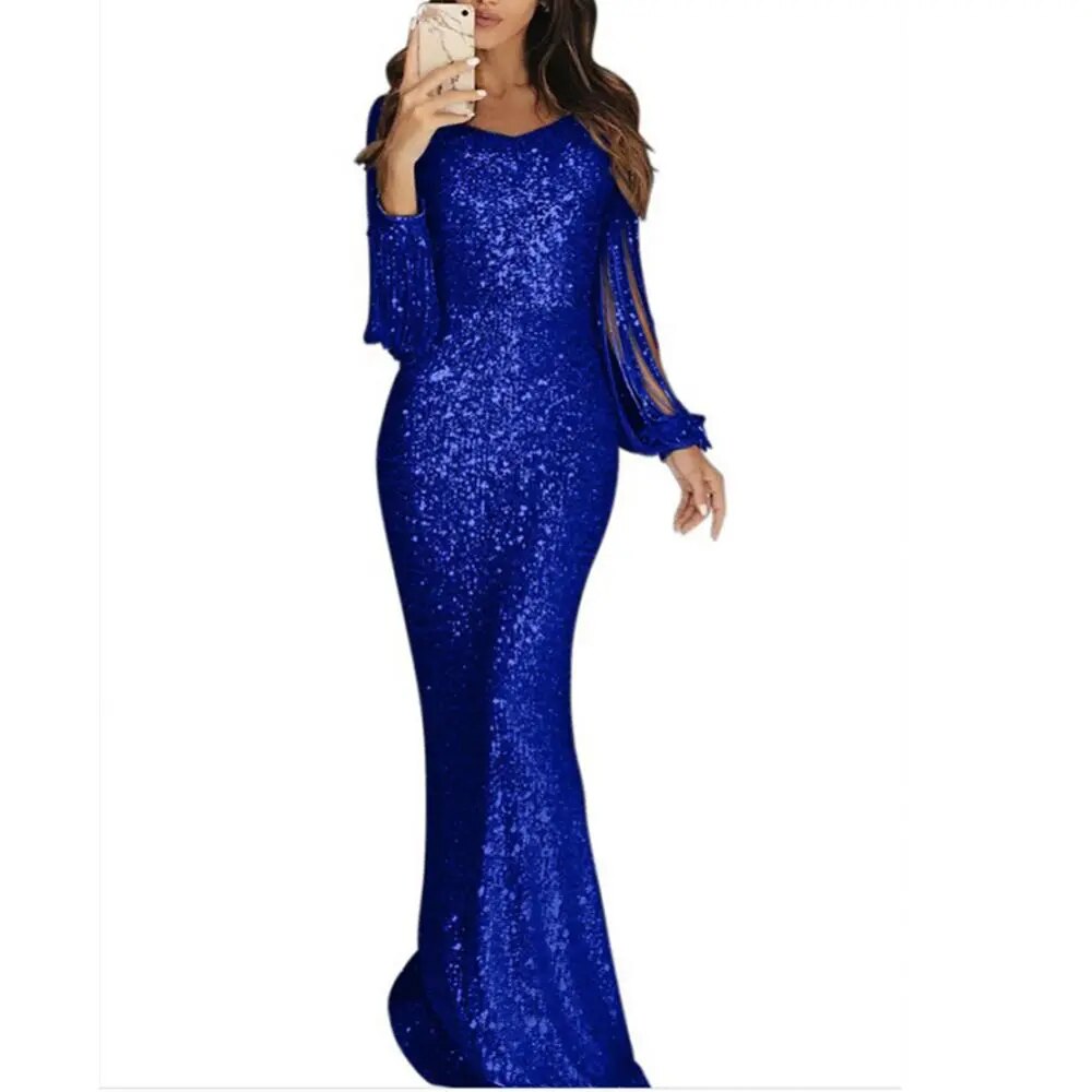 Elegant Ladies Vestidos Plus Size Chic Women Tassel Lantern Sleeve Seq –  Mega Mart Center