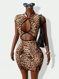 Women's Chinese Dragon Print Hollow-Out Bodycon Dress with Puff Sleeve and Button Detail
