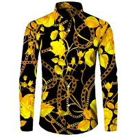 Fashion Luxury Golden Flower Print Men's Shirts Baroque Style Short/Long Sleeve Lapel Button Up Tops Social Hawai Party Cardigan