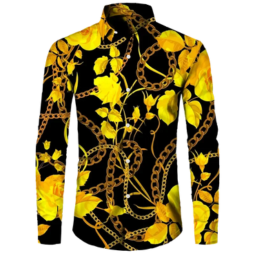 Fashion Luxury Golden Flower Print Men's Shirts Baroque Style Short/Long Sleeve Lapel Button Up Tops Social Hawai Party Cardigan