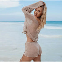 2023 Sexy Beach Crop Top Shorts Sets Women Knit Long Sleeve Lace Up Female Suit Summer Holiday See Through 2 Piece Set Womens