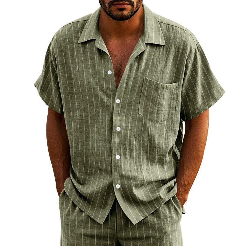 New Casual Mens Linen Shirts Summer Leisure Breathable Loose Short Sleeve Striped Shirt For Men Outdoor Fashion Button Lapel Top