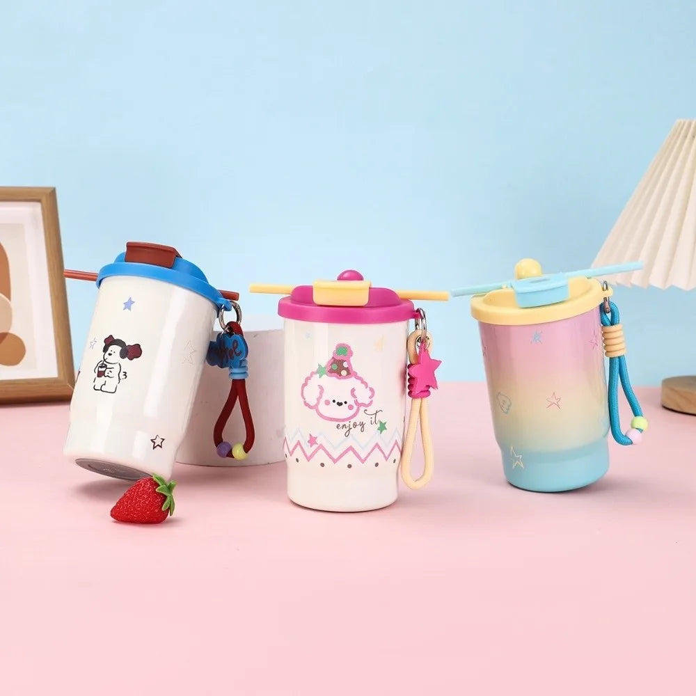 Stainless Steel Double Drink Insulated Cup Leak-Proof Cartoon Vacuum Straw Cup with Straw Vacuum Insulated Coffee Cup Hiking