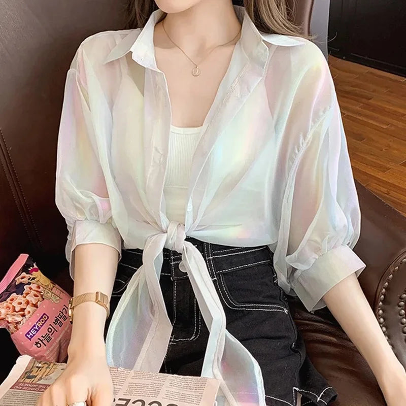 Button Up Shirts Women Half Sleeve Shining Sparkles Tied Waist Sexy Chiffon Blouses Shirts For Women Summer Spring