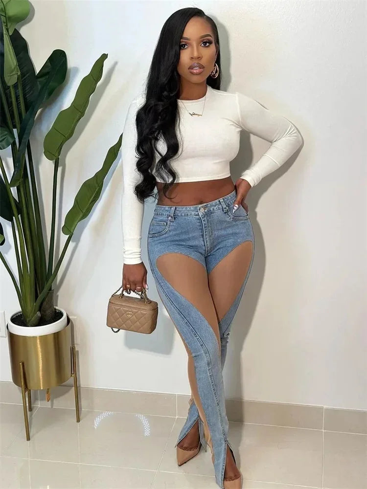 y2k Clothes Streetwear Jeans Elastic Pants Women  Casual High Waist Design Casual denim Blue Patchwork denim Trousers Pants