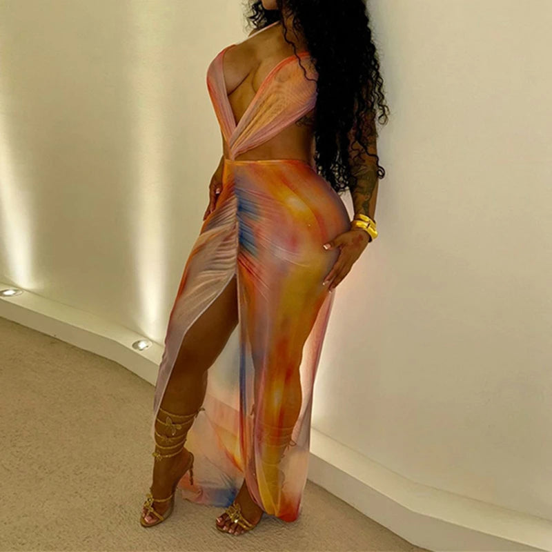 BKLD Mesh Halter Backless Multi Print See Through Sexy Long Split Dress Summer Clothes Women Fashion Vacation Beach Club Outfits