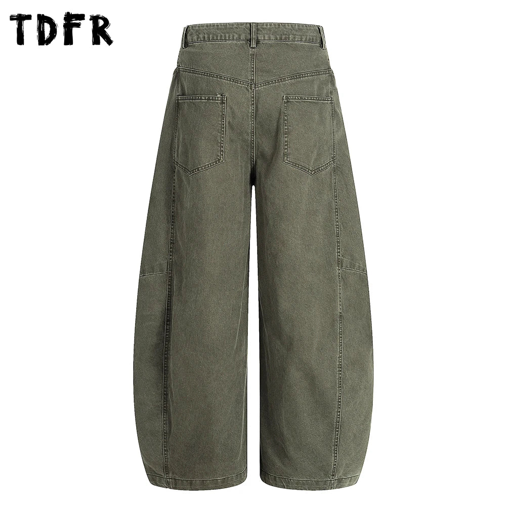 Spliced Faded Jeans Mens Retro Casual Washed Distressed Baggy Wide Leg Banana Denim Pants Man