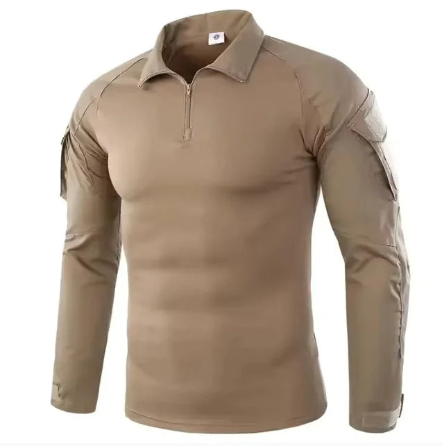 Men's Long Sleeve Combat Shirt Zipper Ripstop Cotton Tactical Shirts Navy Blue Camoufalge Airsoft T Shirts