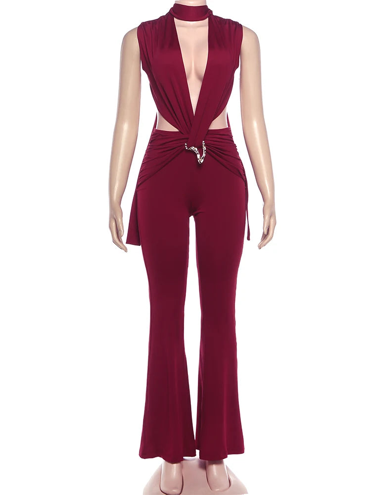Kliou Sexy Fashion Jumpsuits Woman Deep V-Neck Sleeveless Metal Buckle Ruched Cross Bandage Midnight Prom Party Elegant Overalls