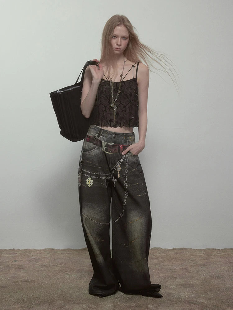 High Quality Hot Selling Wholesale 2025 New Virtual Digital Printed Retro Fashionable Personalized Wide Leg Jeans Pants Women