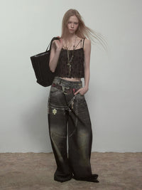 High Quality Hot Selling Wholesale 2025 New Virtual Digital Printed Retro Fashionable Personalized Wide Leg Jeans Pants Women