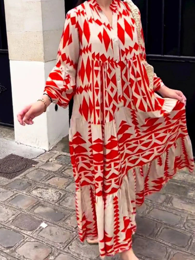 Women Vintage Print Maxi Dresses 2023 Summer V-Neck Long Sleeve Pleated Long Dresses Female Boho Beach Shirt Dress Casual Robe