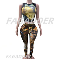 FAGADOER Fashion Print 2 Piece Sets Woman Outfit Oil Painting Sleeveless Crop Top And Pants Female Streetwear Summer Spring New
