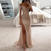 New Women Vintage Sequined V Neck Off Shoulder Slim Sexy Split Long Dress Evening Party Maxi Dresses Party Sequin Dress