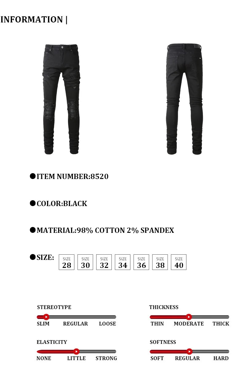 Fashionable new men's jeans, washed, nostalgic, elastic, slim fit, perforated, patchwork patch, black jeans, high street designe
