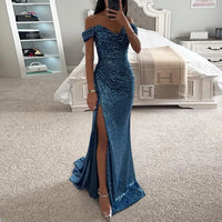 New Women Vintage Sequined V Neck Off Shoulder Slim Sexy Split Long Dress Evening Party Maxi Dresses Party Sequin Dress