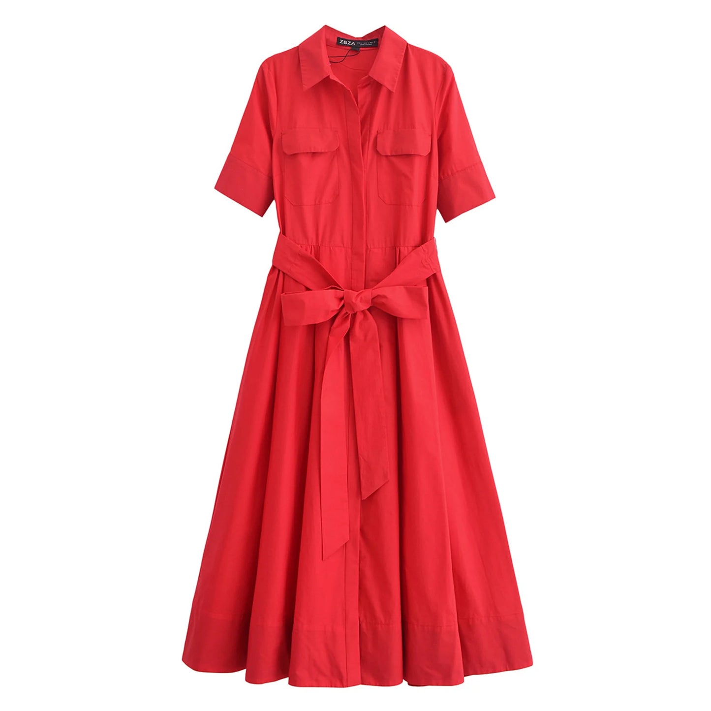 HH Women Fashion Lapel Short Sleeve Pocket Single-Breasted Belt Decorate Midi Dress Female Summer Elegant Slim Pleated Dress