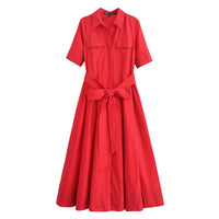 HH Women Fashion Lapel Short Sleeve Pocket Single-Breasted Belt Decorate Midi Dress Female Summer Elegant Slim Pleated Dress