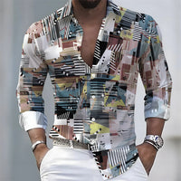 American retro patchwork print men's long-sleeved shirt, casual spring and autumn turn-down collar cardigan, plus size men's top