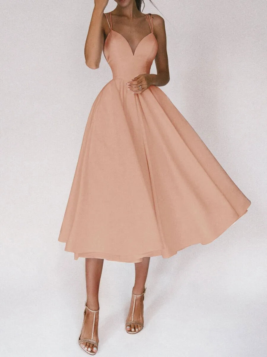 Wedding Dresses A-Line V Neck Sleeveless Tea Length Satin Bridal Gowns With Solid Color Wedding Dresses A-Line V Neck Sleeveless Tea Length Satin Bridal Gowns With Solid Color