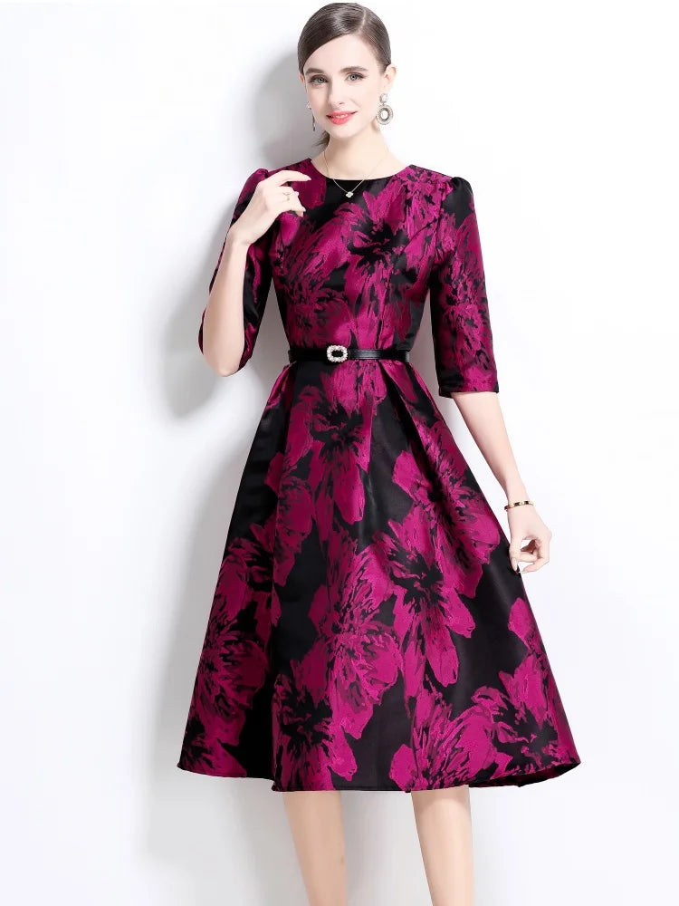 New Spring  French Temperament Elegant Jacquard Exquisite Dress Women's O-Neck Half Sleeve Slim Waist Dresses