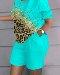 Women Print Two Piece Shorts Sets Matching Sets Short Sleeve T Shirts Pockets Elastic Waist Trousers Y2k Tops Suits Summer 2025