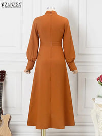 ZANZEA Vintage Hollow Out Maxi Vestidos 2023 Long Puff Sleeve Dress Women Autumn Waited Robe Fashion Stand Collar Button Dresses