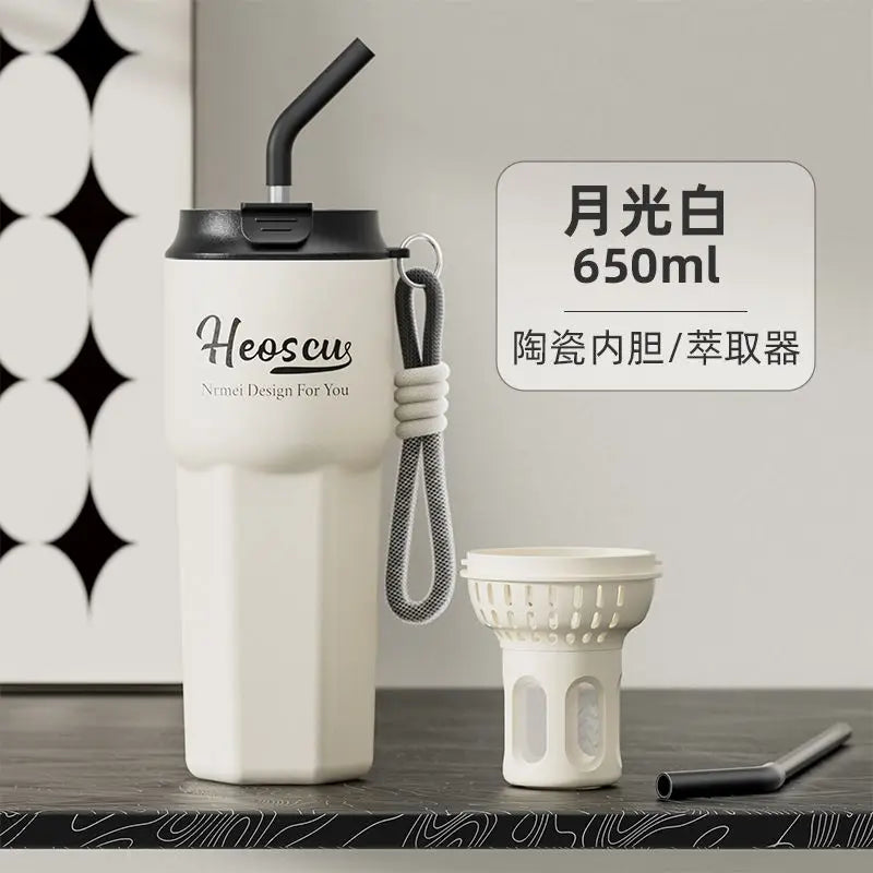 Insulated water cup, high appearance ceramic coffee cup, large capacity student with straw ice cream water cup