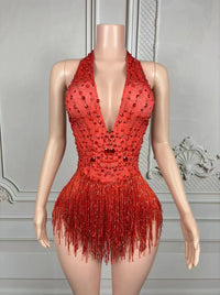 European and American Sexy Deep V Pink Tassel Jumpsuit Gogo Female Singer Stage Collar Dance Costume Car Show Model Performance