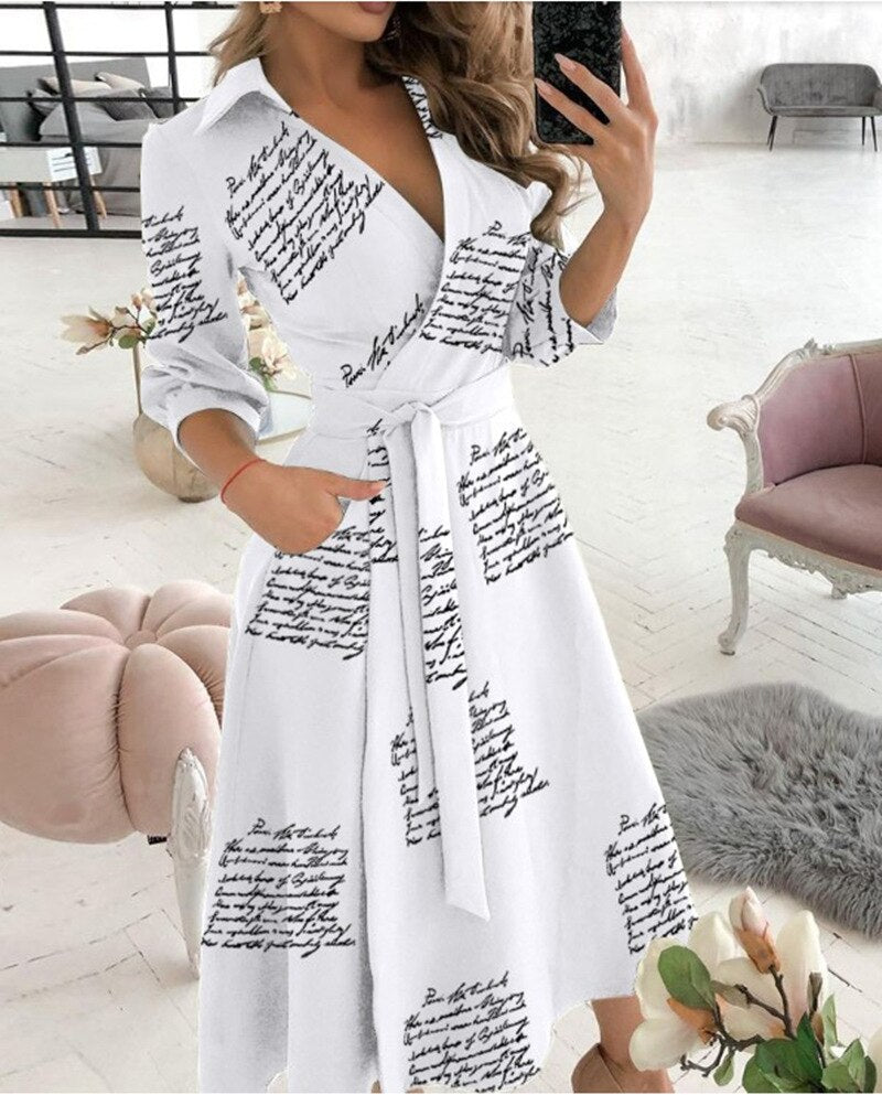 Spring/Summer Fashion Long sleeved V-neck Printed Hip Wrap Dress for Women