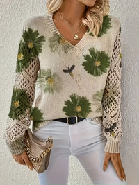 Elegant Bohemian Floral V-neck Long Sleeved Top Fashionable V-neck Pullover Hollow Printed Sweater Pullover 2025 Casual Knitwear