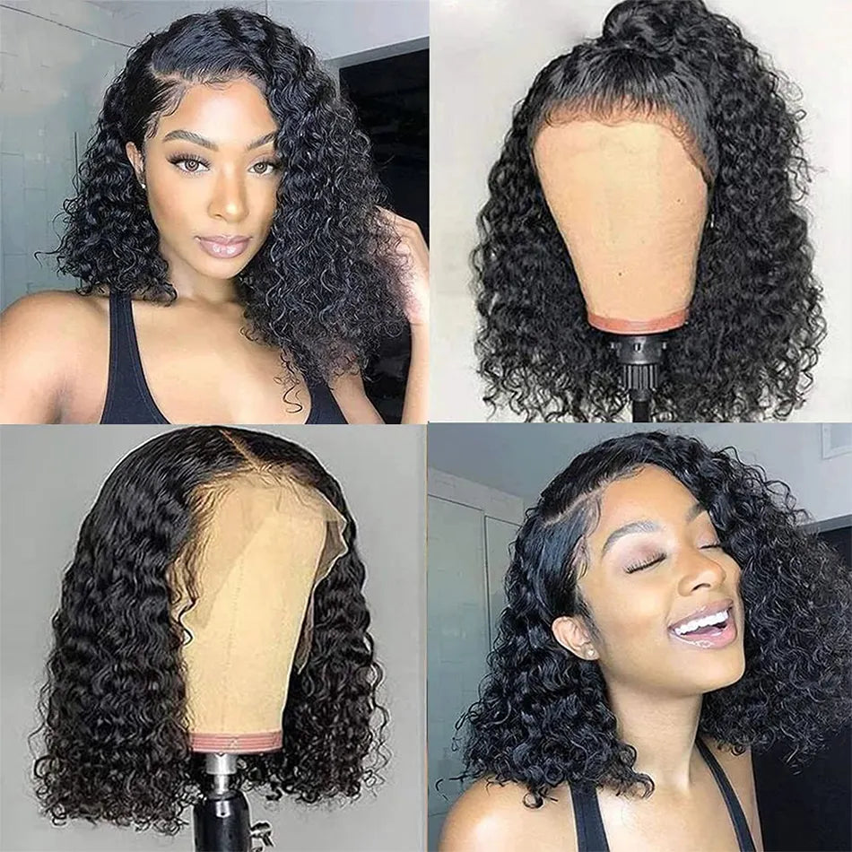 12A Kinky Curly Short Bob Human Hair Wigs 13x4 Lace Frontal Closure Water Wave Wigs Glueless Isee Brazilian Remy Wigs For Women