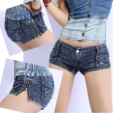 New Retro Women's Ultra Ripped Low Waist Thong Denim Shorts With Pockets Side Zipper Mini Short Female Jeans Feminino Nightclub