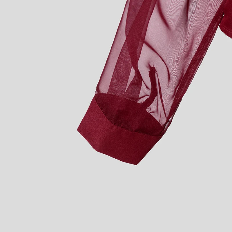 INCERUN Men Shirt Mesh Patchwork V Neck Long Sleeve Transparent Sexy Casual Male Shirts Streetwear Fashion Party Camisas 2025