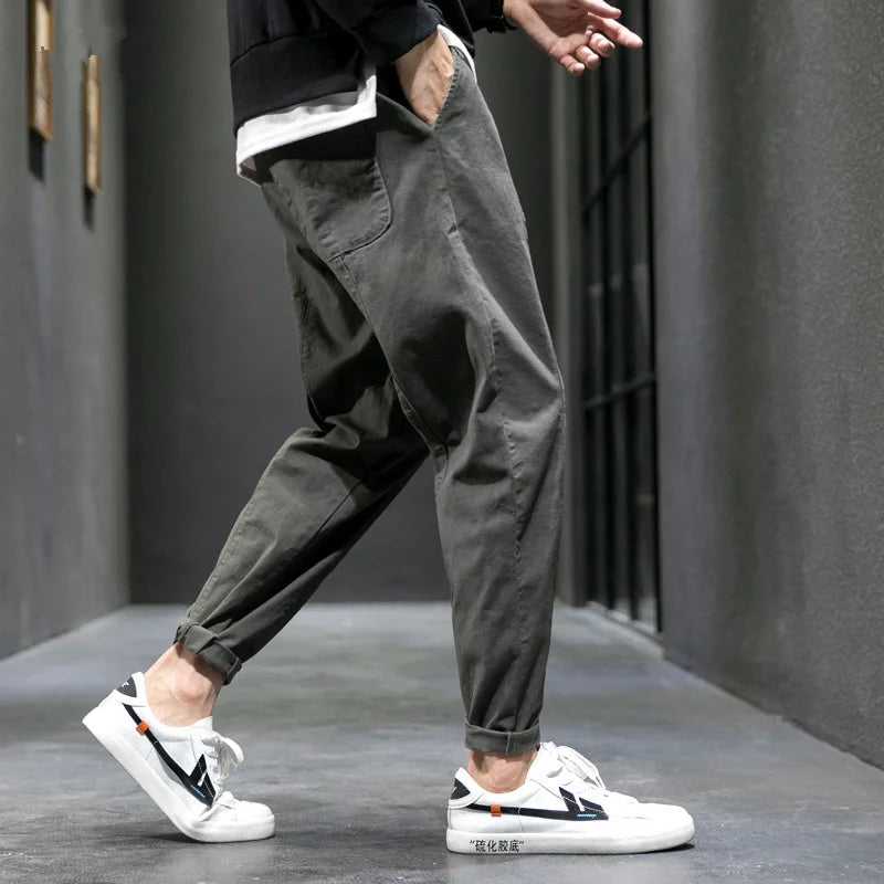 Men's Casual Jeans Pure Cotton Straight Workwear Korean Style Trendy Versatile Ties Sports Pants