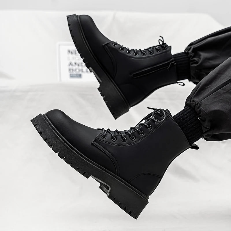 Men's High-top Boots, 2025 New Black British Windbreaker Workwear Boots, High-top Soft Leather Waterproof Casual Leather Boots