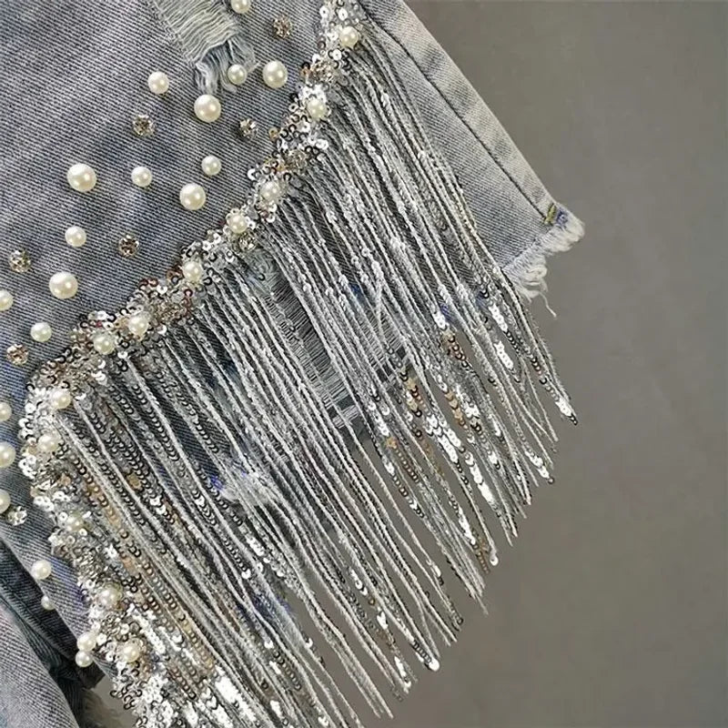 Denim Shorts Women's 2025 Summer Clothes New European High Waist Thin Heavy Industry Beaded Sequined Fringed Broken Copper Jeans