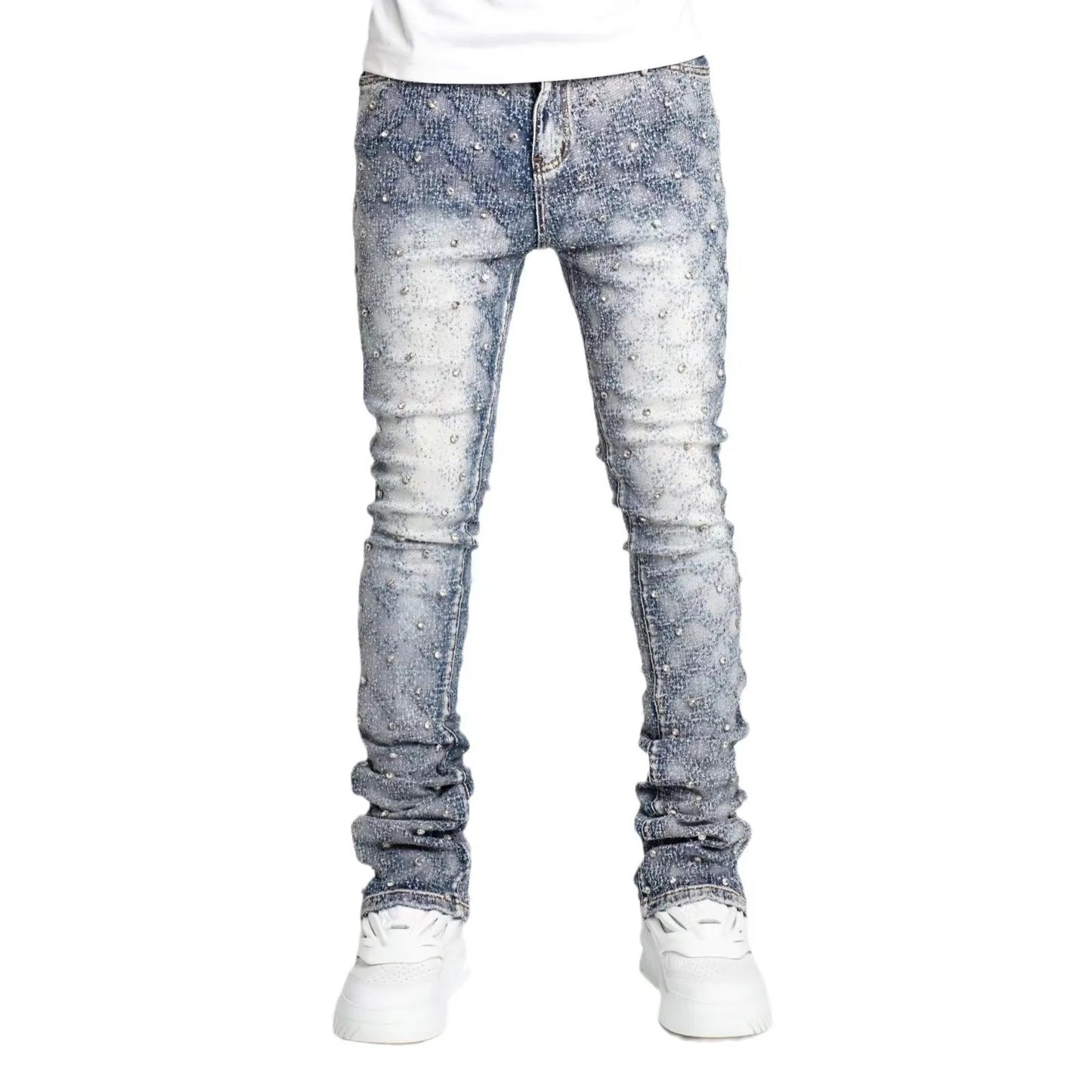 Stretchy Personality Stacked Denim Pants 2024 New Fashion Pearls Fashion Rhinestone European Street Skinny Jeans For Men