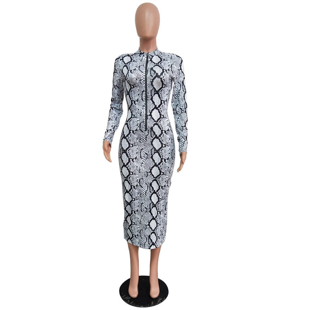 Echoine Sexy Snake Print Bodycon Long Dress Long Sleeve Zipper Women A –  Mega Mart Center