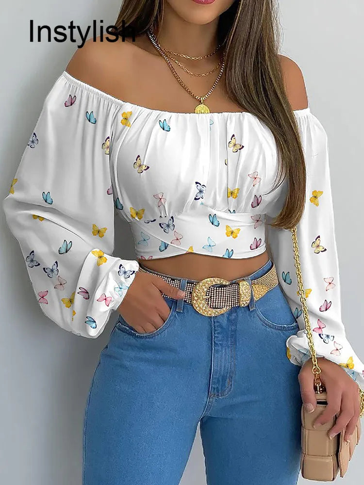 Women Elegant Off Shoulder Print Blouse Sexy Lace Up Bow Backless Slim Shirt Casual Long Sleeve Chic Crop Top Streetwear Tunic