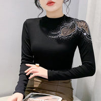 New 2025 Spring Autumn Long Sleeve T-Shirt Fashion Casual Turtleneck Diamond Woman Tee Elegant Slim Women's Tops Blusas