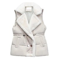 Winter Cotton Fur Integrated Down Vest Womens Puffer Vest Stand Collar Button Down Padded Jacket with Drawstring Waistcoat